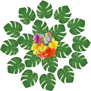 60 pièces de décorations de fête tropicales, feuilles de palmier et fleurs d'hibiscus hawaïennes, ensemble pour fête luau, décoration de table de plage jungle - Product Image 6