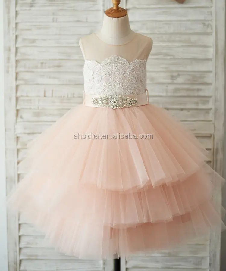 change--Sheer Neck Peach Pink Tulle Lace Cupcake Skirt Wedding Flower Girl Dress with beaded sash