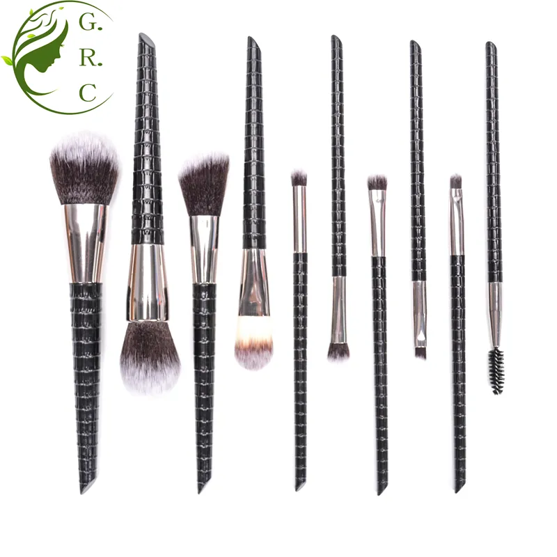 Ts Professionele Zwarte Make-Up Borstel Set Cosmetische Private Label Plastic Handvat Make Up Borstel Pu Leer 10 Stuks Make-up Borstel Set