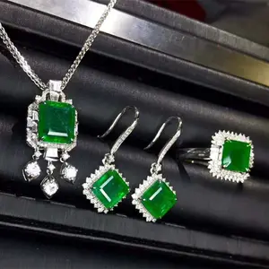 뜨거운 판매 남아프리카 진짜 다이아몬드 천연 녹색 에메랄드 귀걸이 목걸이 펜던트 반지 18k 골드 보석 세트
