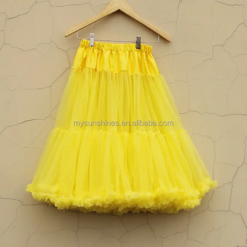 กระโปรง Pettiskirt แฟชั่นของผู้หญิง,กระโปรงแม็กซี่ยาวขนฟูผ้าชีฟองสีเหลืองขนาดใหญ่พิเศษดีไซน์ใหม่