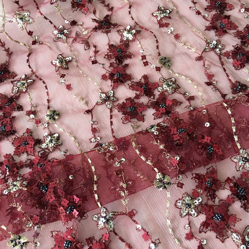 Новейшая модная кружевная ткань цвета Бургунди с бисером, двухцветная кружевная ткань с блестками и вышивкой для платья или одежды