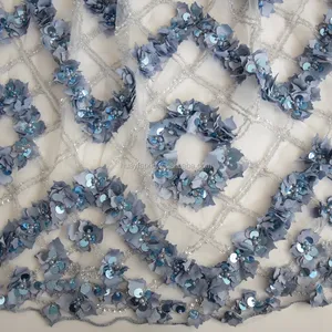 Top End Kain Renda Tulle Biru Perancis Buatan Tangan Berat 3d Manik-manik Renda dengan Mutiara Penuh dan Payet Mewah Gaun Pernikahan HY0710-3
