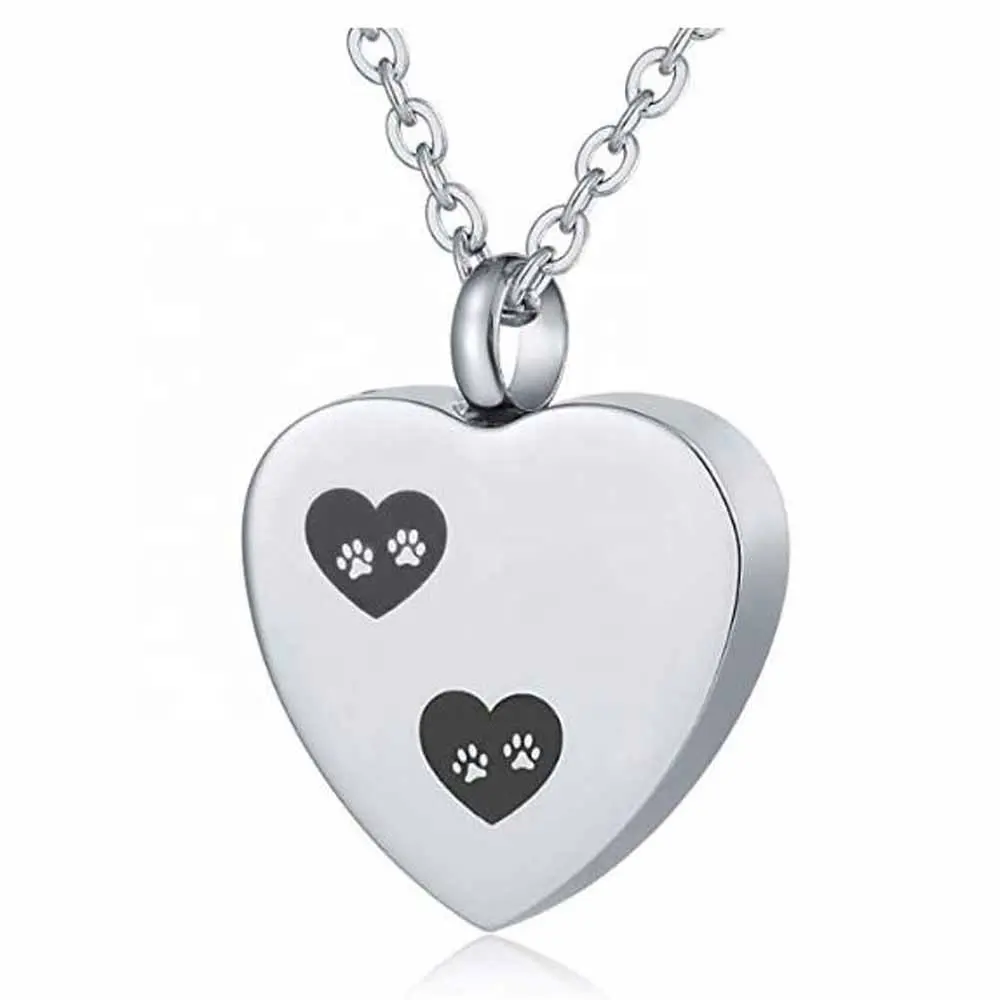 Pet Paw Print Heart Cremation Urn Necklace Silver Dog/Cat Ashes Casket Keepsake Jewelry
