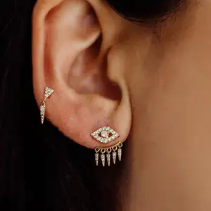 micro pave cz turkish evil eye with dangle floating cz spikes tassel earring