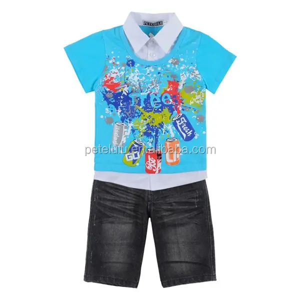 2015 nuevo verano Pantalones vaqueros de la camiseta de niño casual de verano de los niños conjuntos de ropa