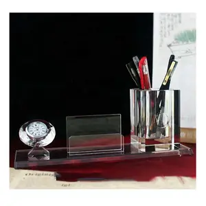 luxurious handmade office stationary crystal glass pen holder with clock for business for home decoration