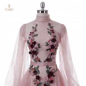 Precioso cuello alto mangas largas abullonadas <span class=keywords><strong>una</strong></span> línea punto tul Rosa vestidos de fiesta de noche con flores hechas a mano de colores - Product Image 4