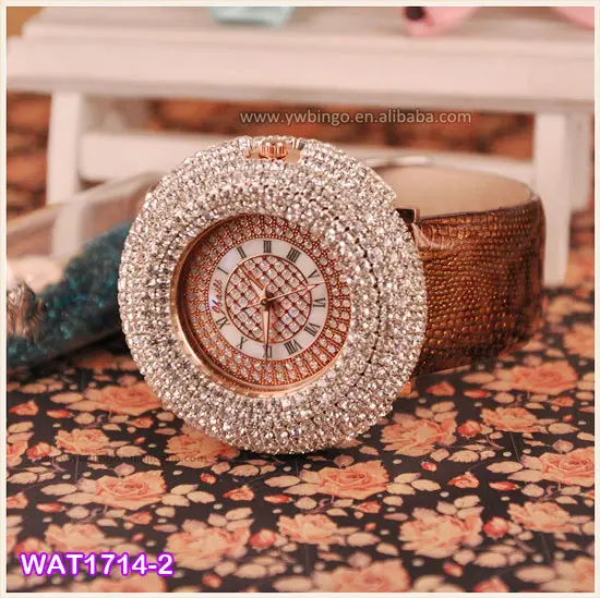 Moda Bling de cristal de oro rosa de cuero Casual de mujer reloj de pulsera