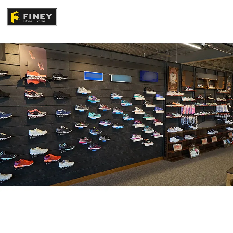 Custom Shoes Shop Design Wholesale Price MDF Metal Paint Sport Shoes Store Wall Display Rack