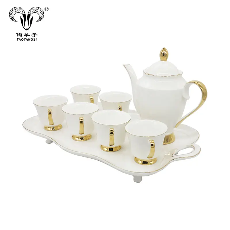 Juego de té de cerámica de porcelana, juego de 8 piezas, 6 tazas de té con tetera y bandeja de té