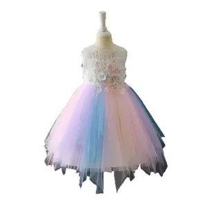 New Embroidery Lace Fluffy Rainbow Tulle Flower Girl Dress