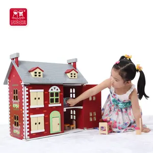 כהה אדום ילדים להעמיד פנים לשחק בית צעצוע 4 בובת חדרי עץ בובת בית