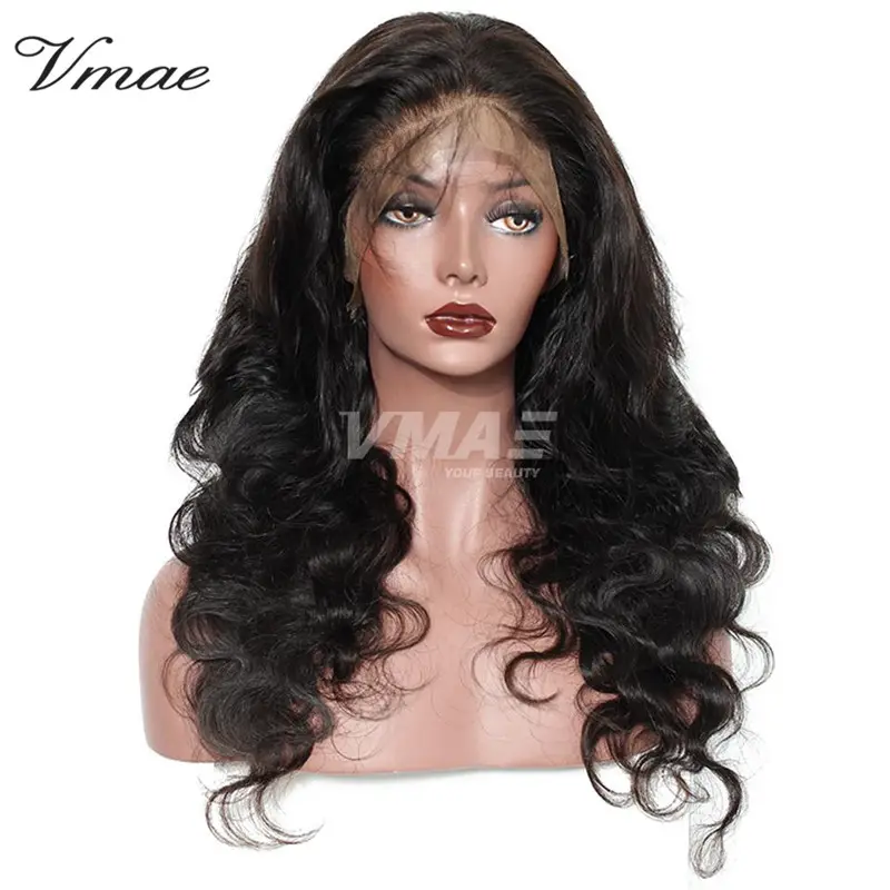 VMAE pas cher prix brut brésilien vierge humain 130 150 densité vague de corps couleur naturelle dentelle douce avec des cheveux de bébé 360 perruques