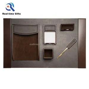 Handmade Brown Business Office Organizer 6 Pezzi di Legno E Cuoio DELL'UNITÀ di elaborazione Tradizionale Accessori Da Scrivania