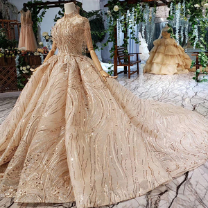 HTL506 High Neck Wholesale Gold Bridal Gown China Tassel Heavy Beaded Custom Made Wedding Dresses