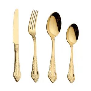 批发婚庆餐具不锈钢金属国王皇宫豪华金色餐具用雕刻刀和叉子套装