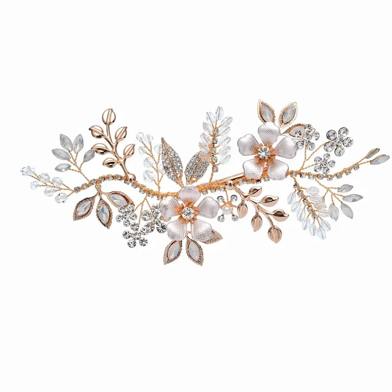 À la main Feuille D'or Cristaux Fleur Accessoires De Cheveux De Mariée Bijoux De Mariage Barrettes Femmes Pince à Cheveux Bandeau