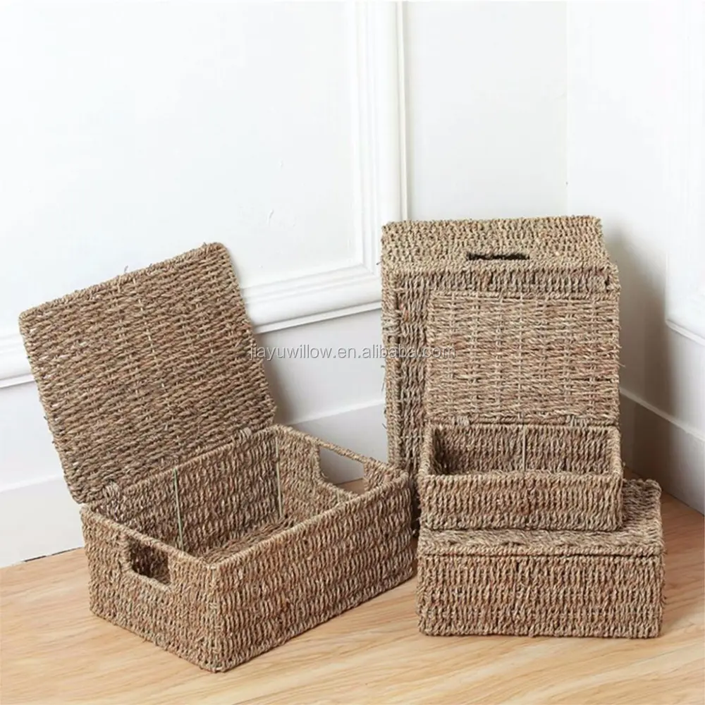Natural Seagrass Storage Basket With Lid and Handles Sundries Storage Basket