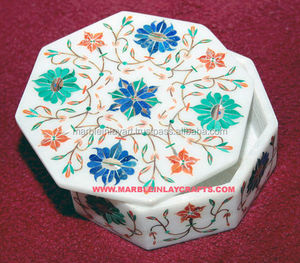 Caja de joyería de mármol con incrustaciones, Makrana redonda hecha a mano - Product Image 1