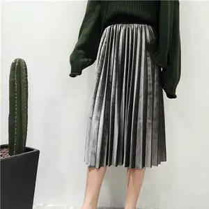 Stretchy Casual Party Autumn Spring High Waist Skinny Long Metallic Silver Velvet Skirt Maxi Pleated Midi Skirt E6011