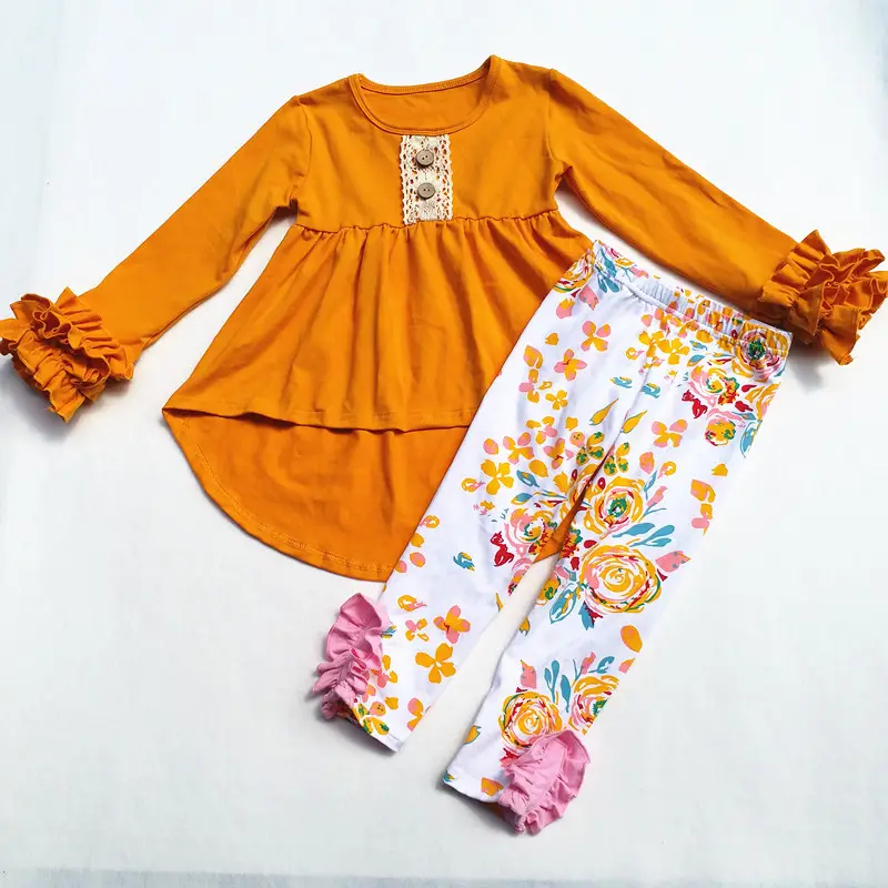 Fashion Butik Pakaian Set Ruffle Lengan Gaun Floral Ruffle Celana Grosir Pakaian Anak-anak Pakaian Set