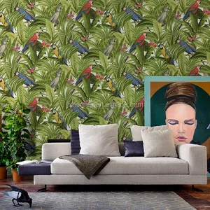 Papier peint avec plante de forêt tropicale, détails perroquet et papillons, objet personnalisé, décoration de la maison, art naturel