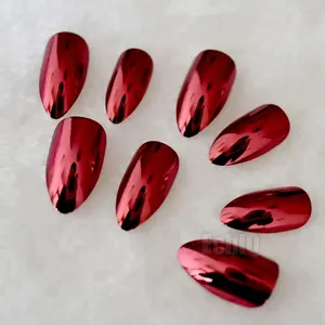 Hot Dark Red Metal Mirror Fake Nail Tips Medium Sharp Stiletto Nail Accessories Full Cover Women Finger Nail Salon Products N23