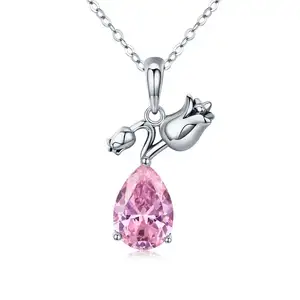 BAGREER SCN201 Luxury Big Pink CZ Stone Zircon Water Drop Pendant Rose Flower Silver Chian Necklace Jewelry For Women Girls