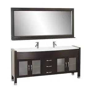 Wastafel Ganda Furnitur Kamar Mandi, Espresso Finishing Abu Lantai Disentuh Klasik Putih Solid Wood Vanity