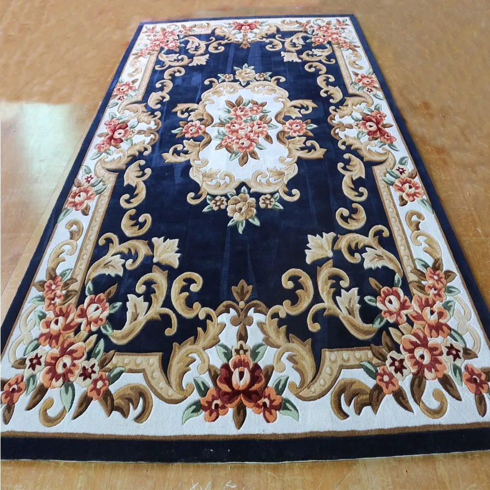 Tapis bleu marine à fleurs, accessoire de luxe à poils coupés, moquette de salon