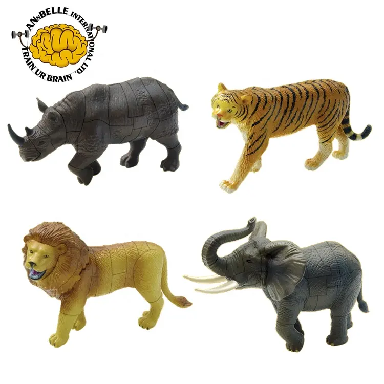 野生動物ブロック野生動物パズル動物園動物組み立ておもちゃタイガーライオンライノエレファント4盛り合わせ