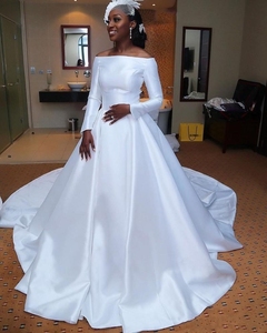 Abiti da sposa in <span class=keywords><strong>raso</strong></span> <span class=keywords><strong>bianco</strong></span> puro africano taglie forti abiti da sposa a manica lunga da sposa - Product Image 2