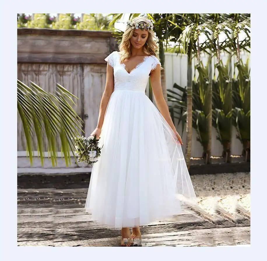 Vintage Boho V Neck Ankle Length Istanbul Wedding Dresses With Short Sleeve