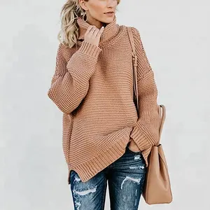 2019 de manga larga suéter de cuello alto Mujer de color sólido chompas de invierno