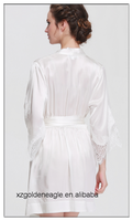 Robe de nuit en soie 100% naturelle blanche, longueur genou, col en V, avec cordon de serrage, pour l'automne/le printemps/l'été - Douce et respirante