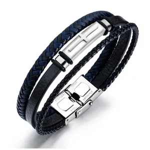 Pulsera de cuero con abalorio cruzado de acero inoxidable para hombre, joyería masculina a la moda