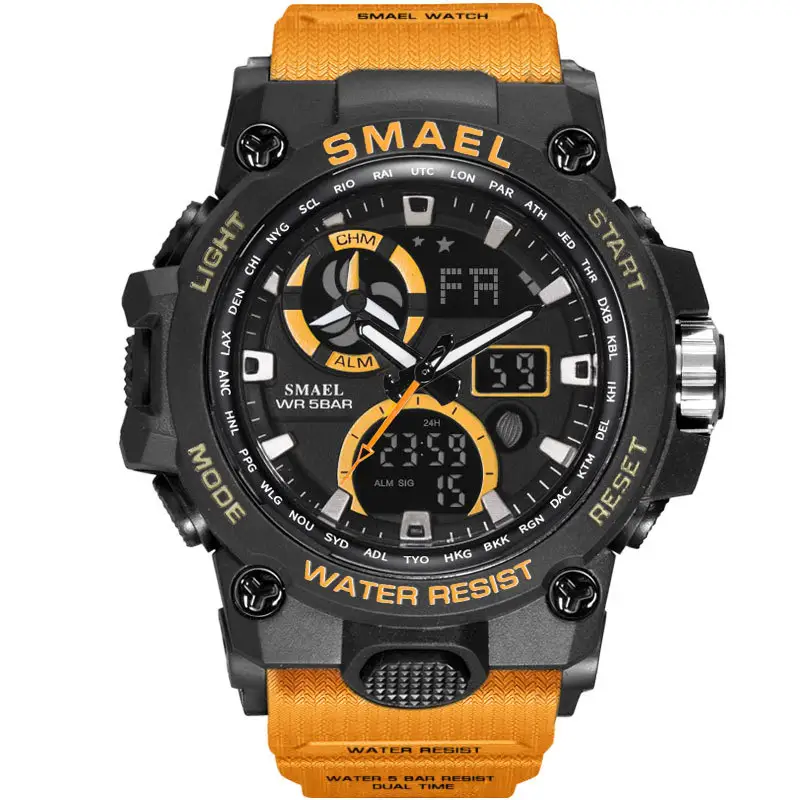Smael Brand New 8011 Men's Sports Watches Luxury 12/24 Hour Clock Waterproof Dual Time Quartz Digital Men Wrist Watch