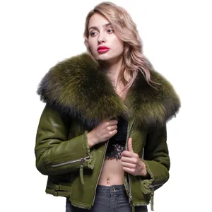 Fashionable factory price winter leather fur jacket short real sheepskin coat with raccoon fur collar