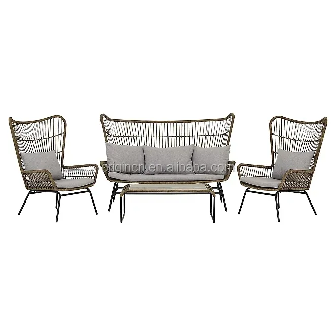 Tuinmeubilair Gebruikt Strand Hoge Rugleuning Plastic Weven Rotan Sofa Tafelstoelen Set