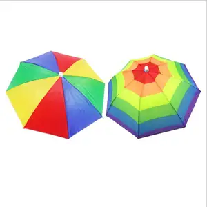 Günstige Promotion Regenbogen Stil Regen Erwachsene Regenschirm Hut Hände frei Kopf Regenschirm Hut