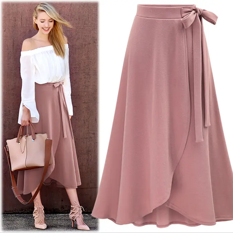 Ladies Jupe Fashion Solid Color High Waist Summer Slim Casual Ruched Comfortable Elastic Tie-Waist Women's Maxi Asymmetric Skirt