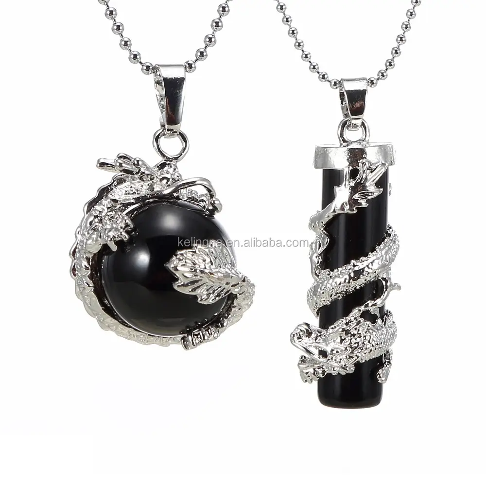 Boule ronde bain de Dragon d'onyx noir, argent sterling + cylindre, Point de guérison, pendentif en pierre précieuse Reki, 1 ensemble (2 pièces) par sac