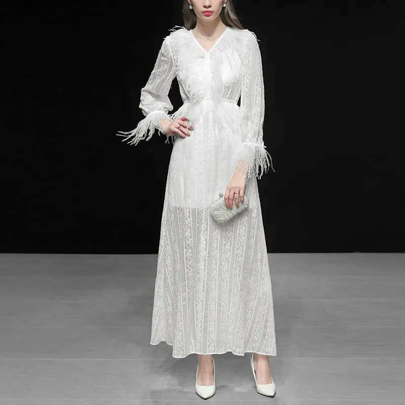 OEM 2019 Новое модное Стильное женское кружевное длинное белое платье из страусиного пера