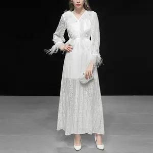 OEM 2019新款时尚时尚女装蕾丝长白色鸵鸟羽毛连衣裙