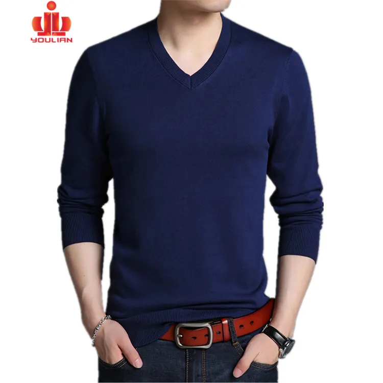 Slim Fit แบรนด์ที่กำหนดเองขนสัตว์สีทึบเสื้อกันหนาว V คอสำหรับชาย