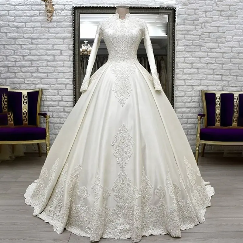 2022 Elegant High Neck Long Sleeve Applique Muslim Ball Gown Wedding Dresses