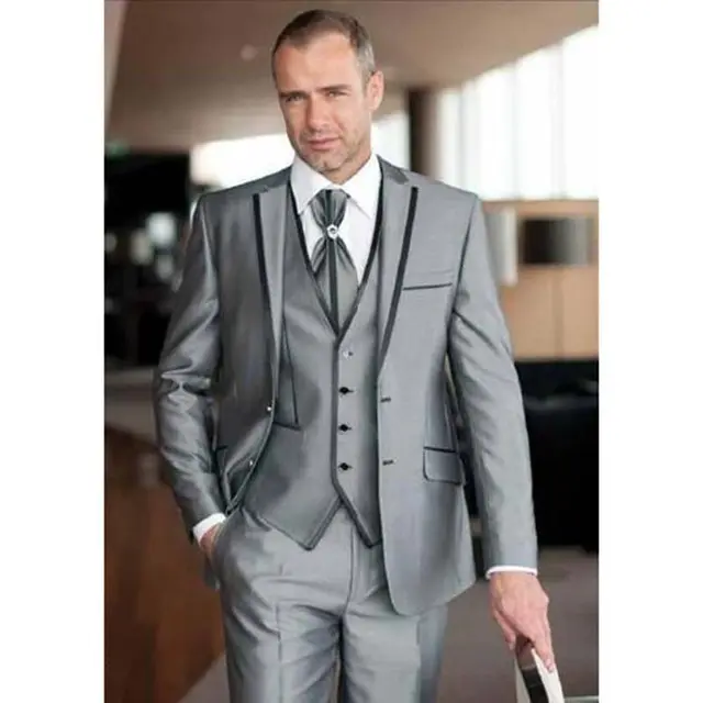 Novo casamento cinza masculino, terno 3 peças (jaqueta + calça + colete + gravata), design mais recente, vestido de festa à noite, blazer