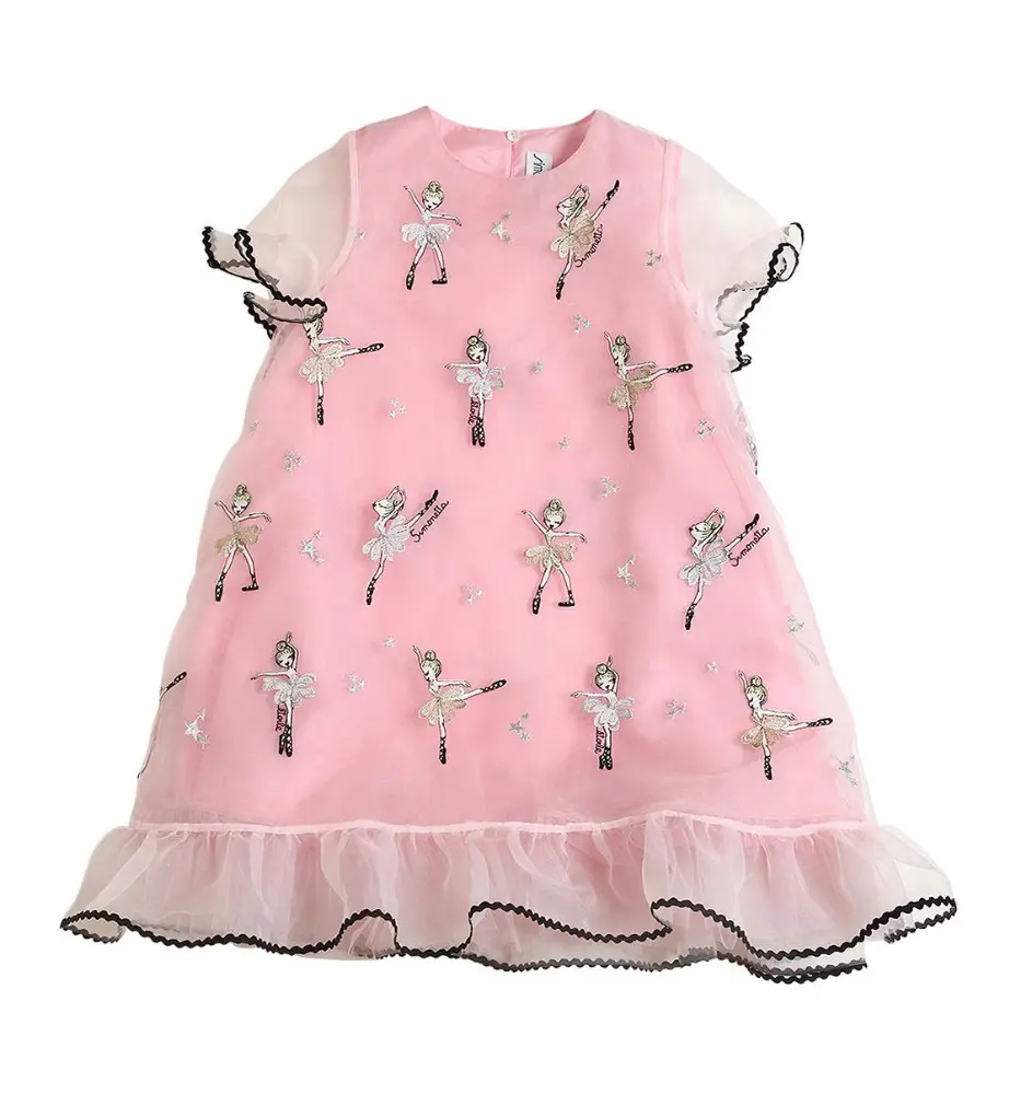 Vestido de gasa de manga corta para niños y niñas, ropa de tela bordada de estilo informal