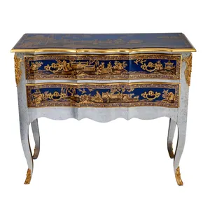 Peinture d'oiseaux couleur argent et bleu, 2 tiroirs, à poser sur une table, en bois, pour entrée, table latérale, bureau